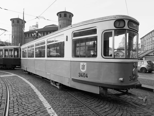 Vintage tyska 3404 spårvagn vid Turin vagn Festival i svart och — Stockfoto