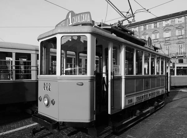 Vintage 502 eléctrico no Festival Trolley em Turim em preto e branco — Fotografia de Stock