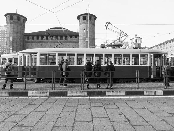 Torino tramvay Festivali'nde Vintage 312 tramvay siyah beyaz — Stok fotoğraf