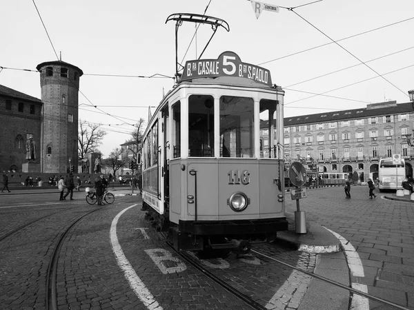 Vintage 116 bonde em Turim Trolley Festival em preto e branco — Fotografia de Stock