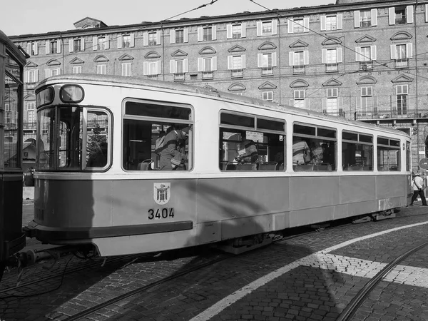 Vintage German 3404 tram at Turin Trolley Festival in black and — Stock Photo, Image