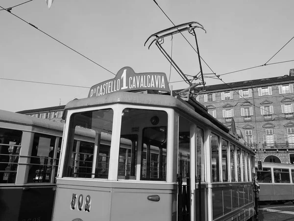 Vintage 502 eléctrico no Festival Trolley em Turim em preto e branco — Fotografia de Stock