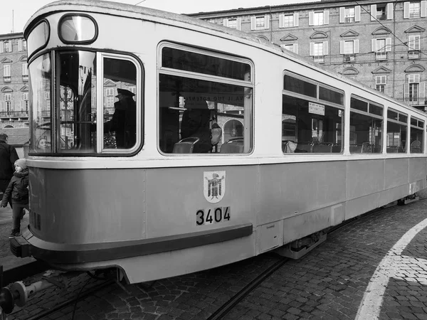 Alte deutsche Straßenbahn 3404 auf dem Turin Trolley Festival in schwarz und — Stockfoto