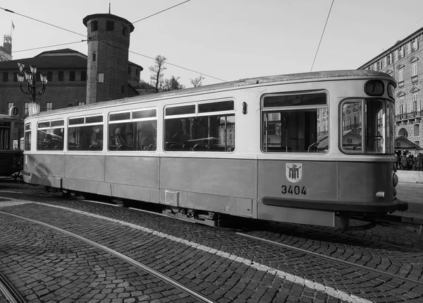 Alte deutsche Straßenbahn 3404 auf dem Turin Trolley Festival in schwarz und — Stockfoto