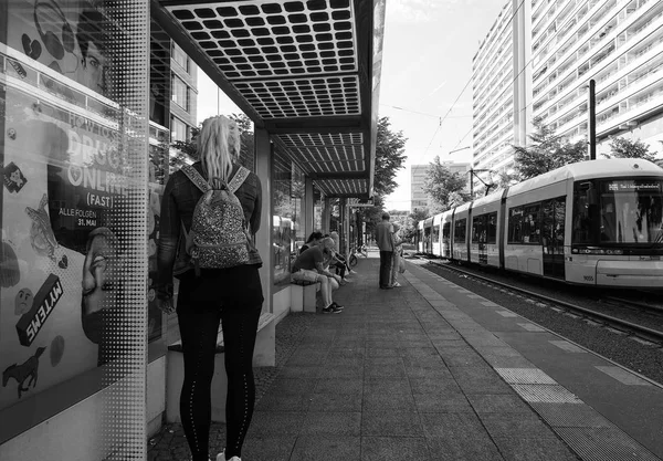 Tram station in Berlin in black and white — Stock Photo, Image