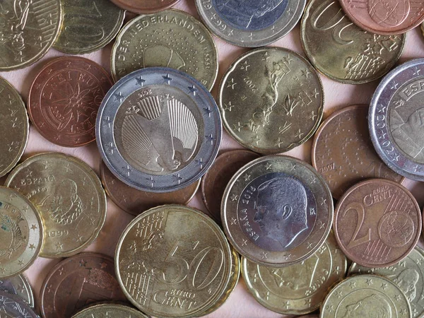 Monedas en euros, la Unión Europea como fondo —  Fotos de Stock