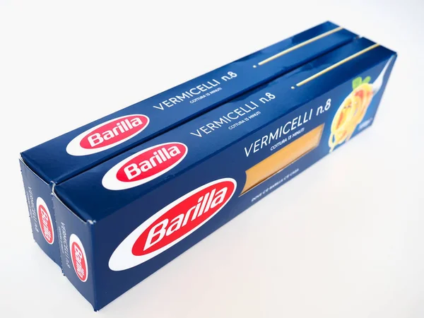 Parma-sierpień 2019: logo Barilla na opakowaniu makaronu — Zdjęcie stockowe