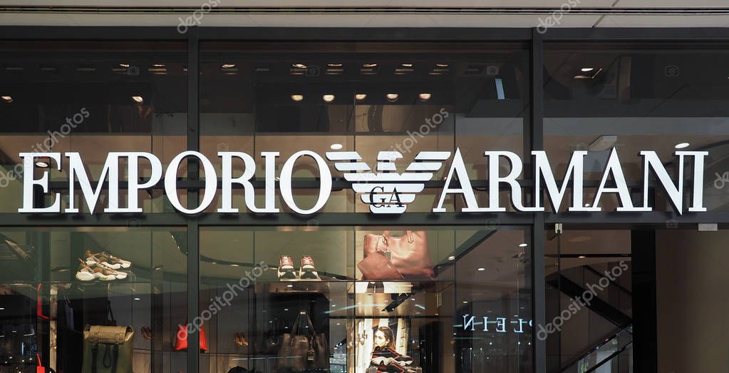 DUESSELDORF, GERMANY - CIRCA AUGUST 2019: Armani sign