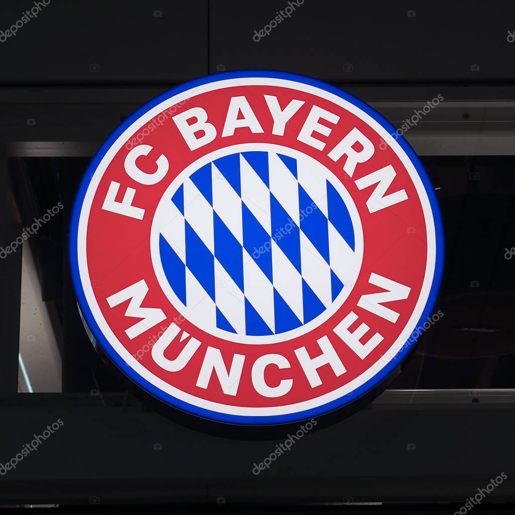 MUENCHEN, GERMANY - CIRCA AUGUST 2019: FC Bayern sign