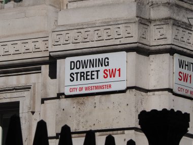 Sign at 10 Downing Street residence of the UK PM in London