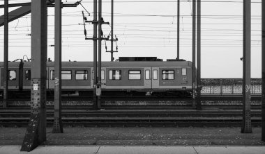 KOELN, GERMANY - CIRCA AUGust 2019: Hohenzollernbruecke (Hohenzollern Köprüsü) siyah beyaz Rhein Nehri 'ni geçer
