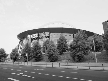 KOELN, GERMANY - CIRCA AUGust 2019: Koelnmesse (anlamı Köln Ticaret Fuarı) siyah beyaz