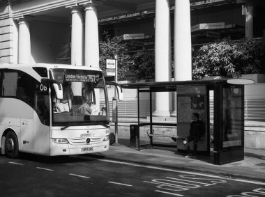 LONDON, İngiltere - CIRCA SEPTEMBER 2019: Londra 'ya giden yeşil hat otobüsü siyah beyaz otobüs durağından arıyor