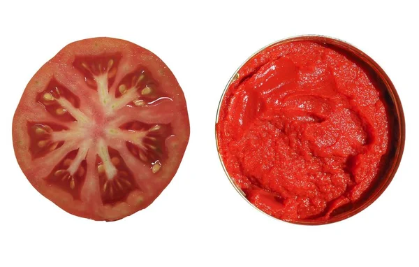 Salsa Tomate Tomate Rodajas Aisladas Sobre Blanco —  Fotos de Stock