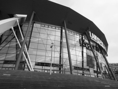 KOELN, GERMANY - CIRCA AUGust 2019: Koelnmesse (anlamı Köln Ticaret Fuarı) siyah beyaz