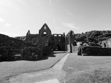 TINTERN, İngiltere - CIRCA SEPTEMBER 2019: Tintern Abbey (Galce Abaty Tyndyrn) harabeleri siyah beyaz