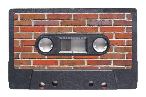 Magnetic Tape Cassette Analog Audio Music Recording Red Brick Wall — Stock Photo, Image