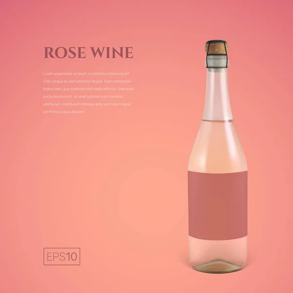 Garrafa fotorealista de vinho espumante rosa em um fundo rosa — Vetor de Stock