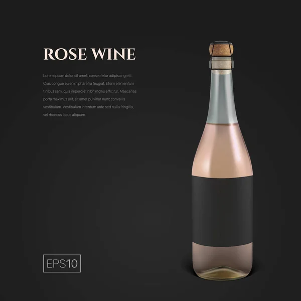 Garrafa fotorealista de vinho espumante rosa em um fundo preto — Vetor de Stock