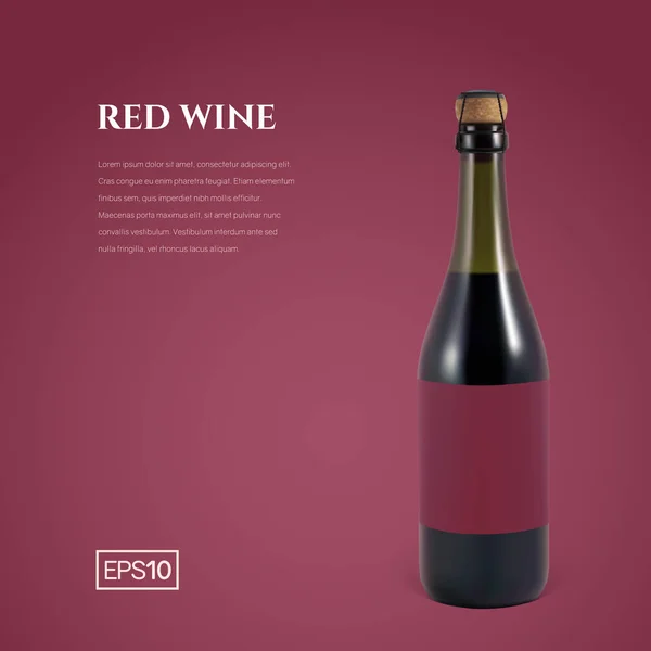 Photorealistic bottle of red sparkling wine on a burgundy background. Mockup transparent bottle of wine. Template for presentation in a minimalist style.