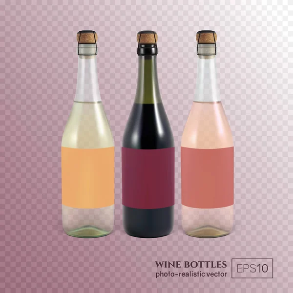Red, white and rose wine bottles on transparent background. — Stock Vector