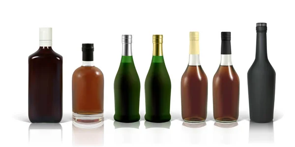 Set Botellas Whisky Fotorealista Coñac Escocés Sobre Fondo Blanco Con — Archivo Imágenes Vectoriales