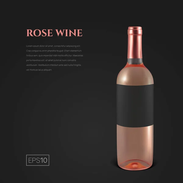 Bouteille photoréaliste de vin rose sur fond noir — Image vectorielle