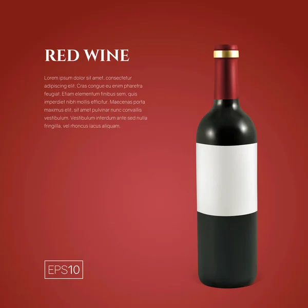 Bouteille photoréaliste de vin rouge sur fond rouge — Image vectorielle