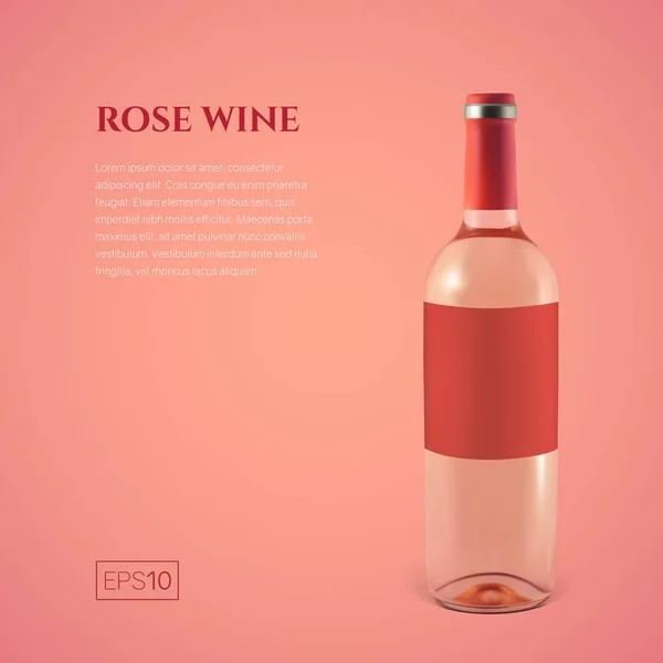 Garrafa fotorealista de vinho rosa em um fundo rosa — Vetor de Stock