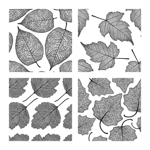 Conjunto de cuatro patrones sin costura con hojas de esqueleto . — Archivo Imágenes Vectoriales
