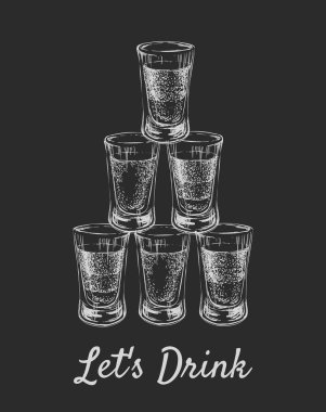 Sağlar içki. Fondip bardakları alkollü içecekler. Çizilmiş içki vektör çizim el.