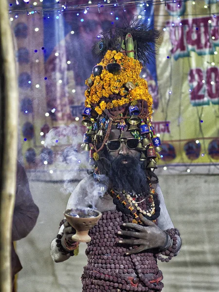 Akşam namazı sırasında Kumbh Mela Allahabad, Uttar Pradesh eyaletinde, Hindistan üzerinde 05 Şubat, 2019 yılında en büyük hindu toplantıda sunan bir naga sadhu