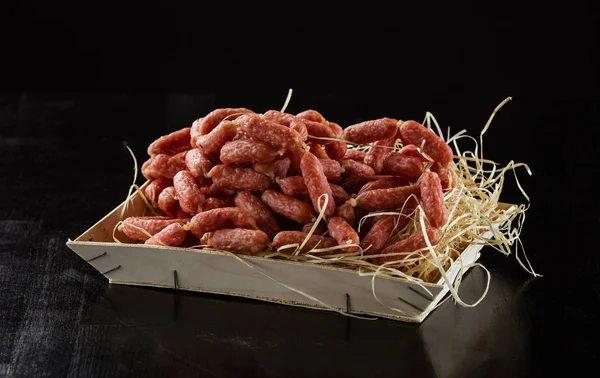 Picnic Salami Sausages Wooden Box Black Background — Stock Photo, Image