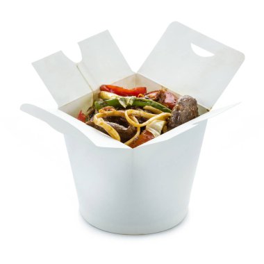 Ördek ve beyaz arka plan üzerinde eve servis kutusunda sebze ramen erişte. Kırpma yolu ile.