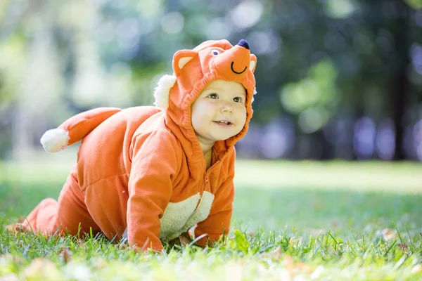 Söta Leende Flicka Klädd Fox Kostym Kryper Gräsmattan Parken — Stockfoto