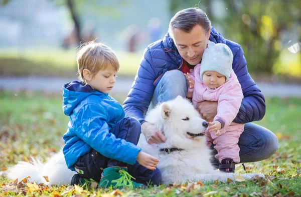 Pai Com Filho Pré Escolar Bebê Daugther Brincando Com Cão — Fotografia de Stock