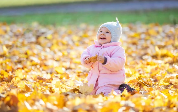 可爱的女婴玩树叶和笑在秋天的公园 — 图库照片