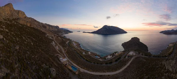 Panoramautsikt Över Landskapet Telendos Avstånd Och Kalymnos Vid Solnedgången Grekland — Stockfoto