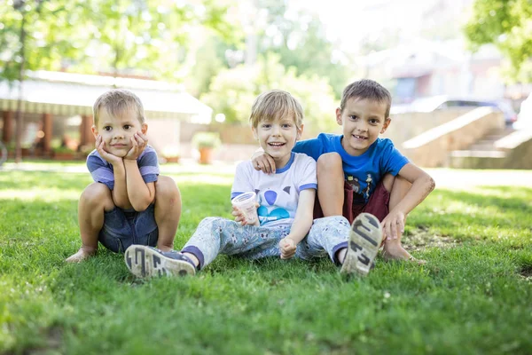 Trzy szczęśliwe młodych chłopców w lato park — Zdjęcie stockowe