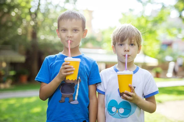 Dois meninos bebendo cacau de copos de papel com palhas no parque — Fotografia de Stock