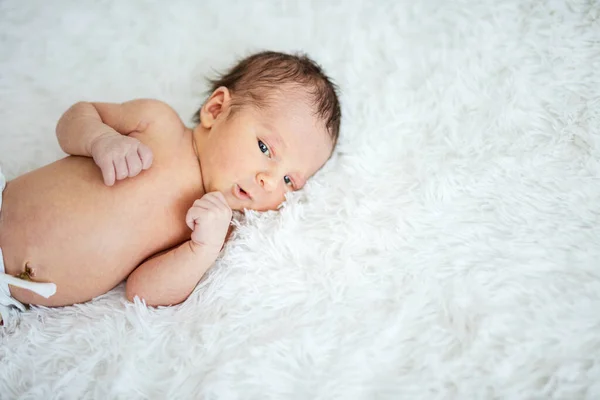 Yeni Doğmuş Erkek Bebek Evde Yatağa Uzanıyor — Stok fotoğraf