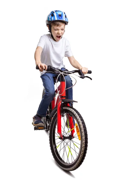 Glücklicher Junge Auf Dem Fahrrad Emotionaler Junger Radfahrer Der Vor — Stockfoto