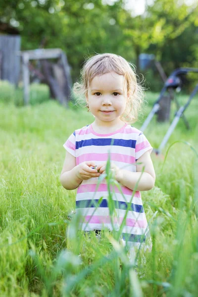 Happy Little Girl Standing High Grass Garden — Stock Photo, Image