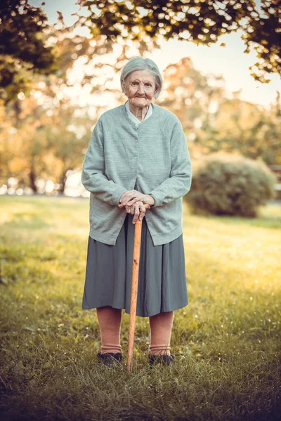Portrait Senior Woman Walking Stick Autumn Park — Stock Photo, Image