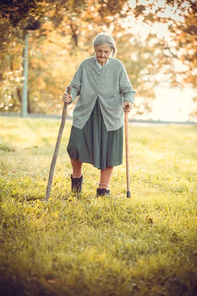 Donna Anziana Con Canne Passeggiando Nel Parco Nella Luminosa Giornata — Foto Stock