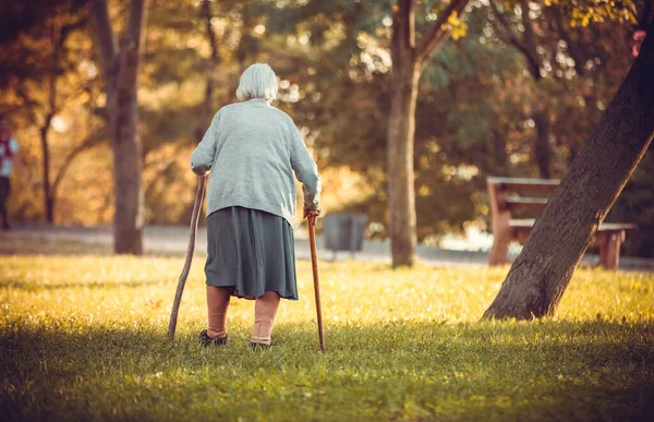 老女人带着手杖走在秋天的公园 后视镜 — 图库照片