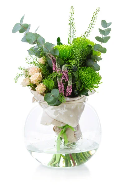 Bouquet Flowers Glass Vase White Background — Stock Photo, Image