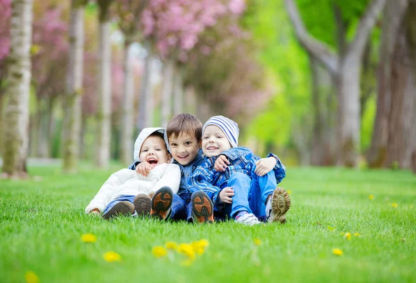 Les Jeunes Garçons Assis Sur Herbe Dans Parc Amuser — Photo