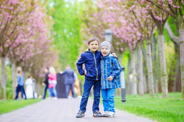 Mladí Chlapci Usmívají Když Stojí Pruhu Jarním Parku — Stock fotografie