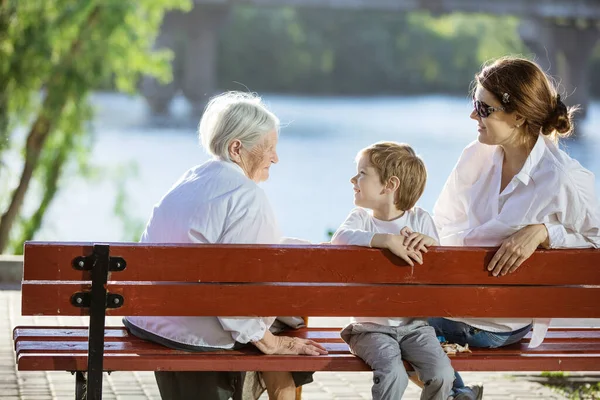 Senior Kvinna Hennes Vuxna Barnbarn Och Barnbarnsbarn Sitter Bänk Sommarparken — Stockfoto